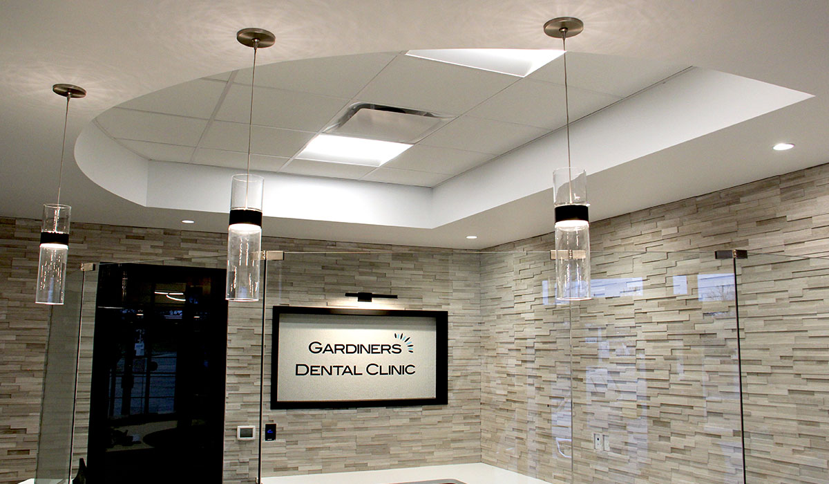 modern lighting and seating area in dental clinic